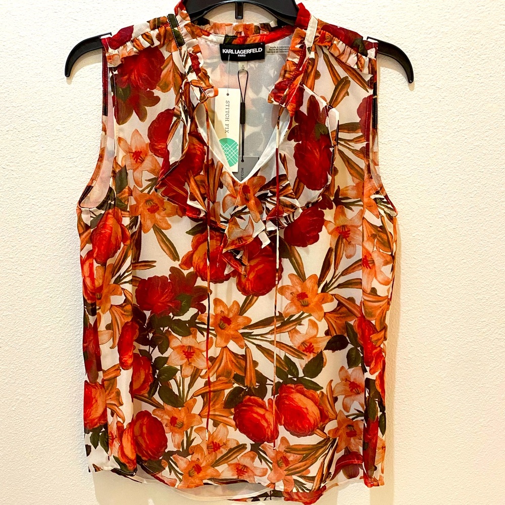 Karl Lagerfeld Ladies Red Floral Double Layer Sleeveless Dressy Blouse - S